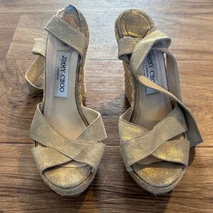 Jimmy Choo Gold Espadrille Wedge Sandals